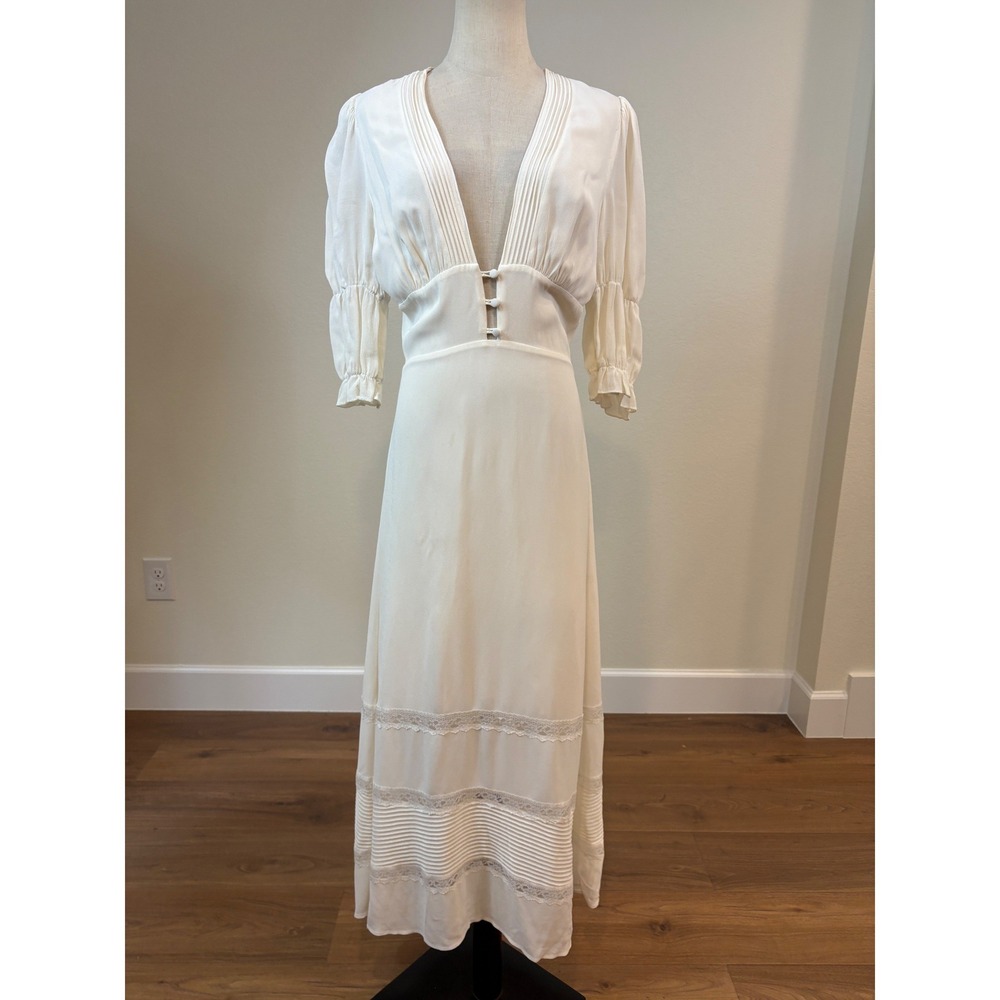 Reformation Ginny Dress 8 Ivory Midi Lace Pleated V-Neck Coquette Bridal Cottage